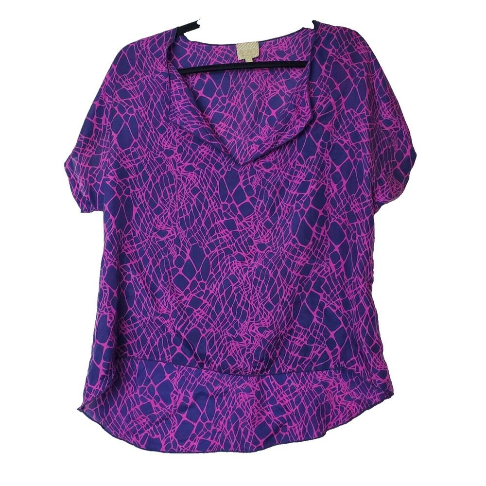 Postella Small Women 100% Silk Top Printed Draped Neckline Pink Short Sleeve